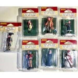 1999-2018 Lof of 7 Lemax Winter Village Figures, Snowman,Nun,Hiker,Chimney Sweep